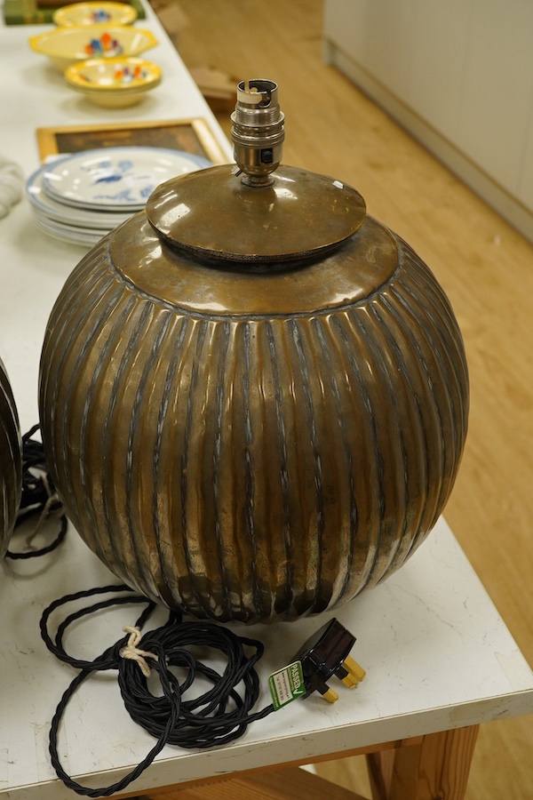 A pair of Indian globular bronzed metal table lamps, 36cm high overall. Condition - good, untested